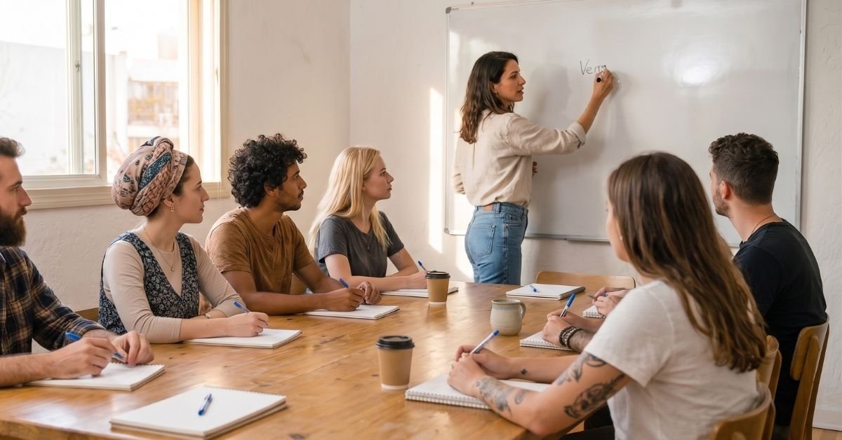 Une professeure écrit en hébreu au tableau pour des étudiants adultes à Tel-Aviv