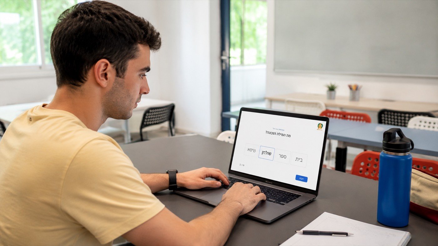 Un élève passe le test de niveau d'hébreu gratuit d'Integraliah sur un ordinateur portable, dans la classe de Tel-Aviv